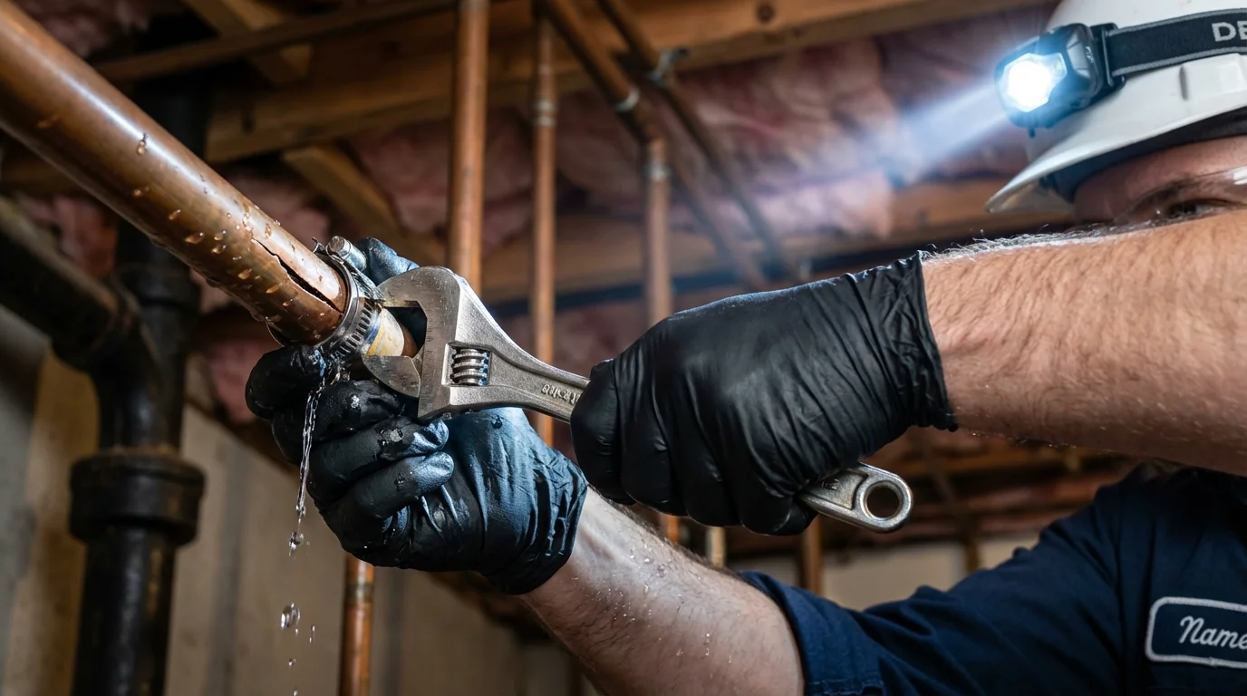 Emergency pipe clamp repair being performed by a Johns Plumbing LLC plumber in Grass Lake