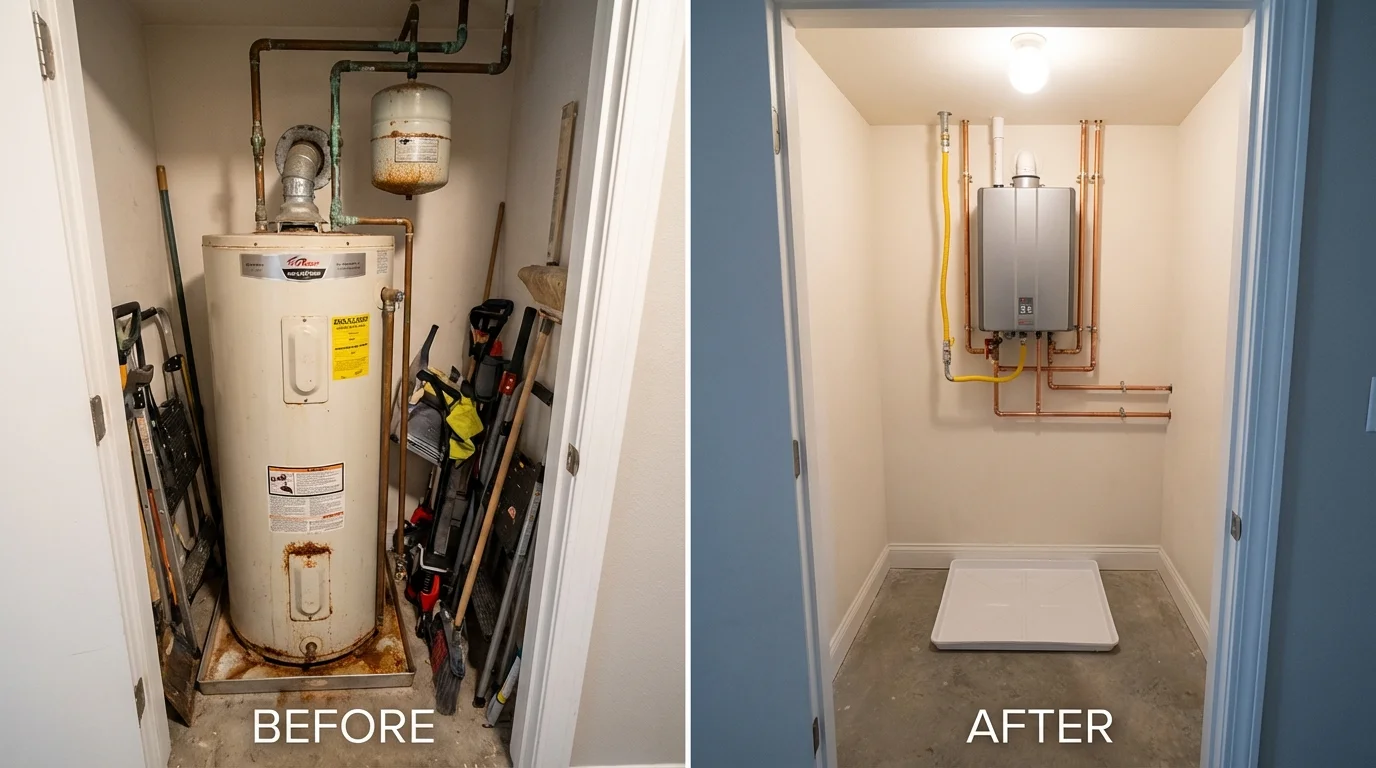 Tank water heater versus wall-mounted tankless unit comparison for Grass Lake, MI homeowners