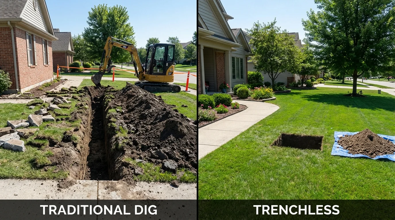 Trenchless sewer repair with minimal yard damage versus traditional excavation in Grass Lake, MI