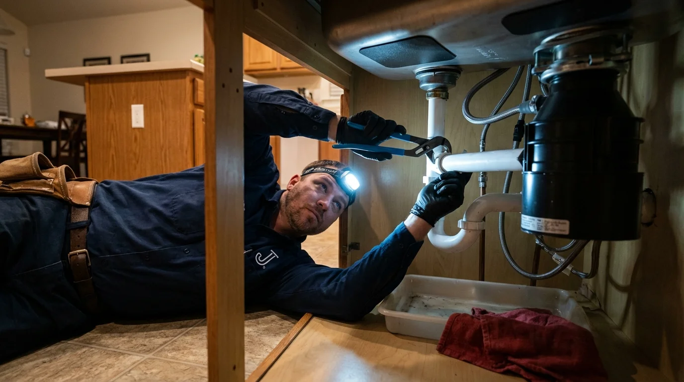 P-trap and supply line connections under a kitchen sink showing a common leak point in Grass Lake, MI